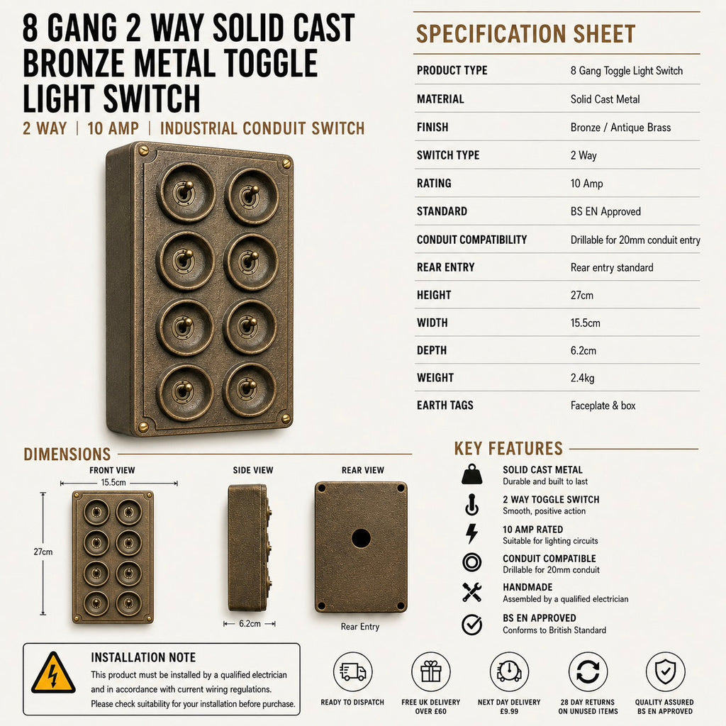 Brassvane 8 gang toggle light switch additional view 8