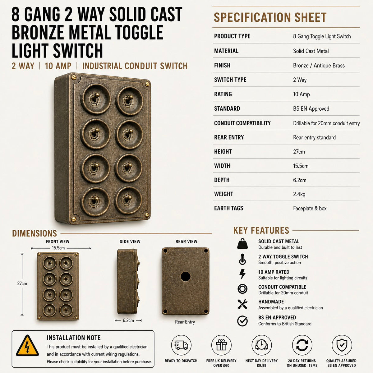 Brassvane 8 gang toggle light switch additional view 8