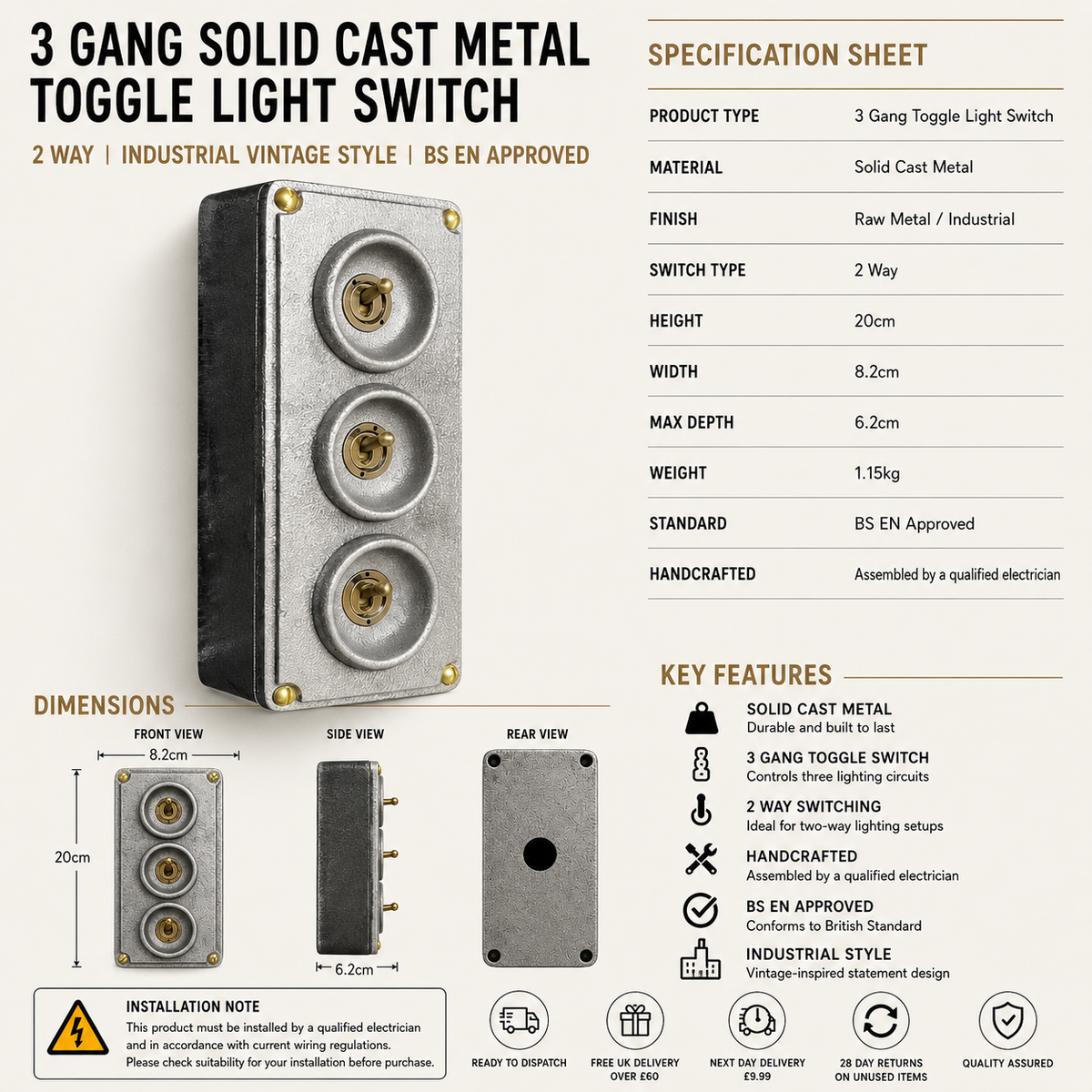 Brassvane 3 gang conduit toggle switch additional view 3