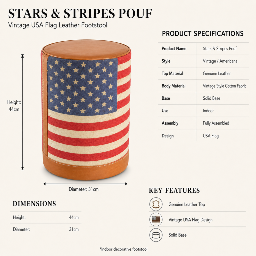 Brassvane USA flag pouf footstool additional view 7