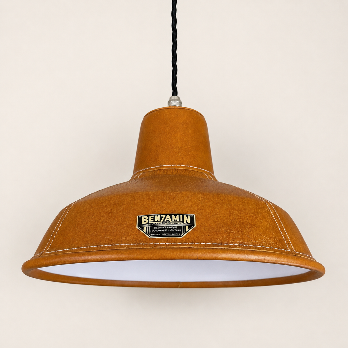 Brassvane tan leather RLM pendant light overall view