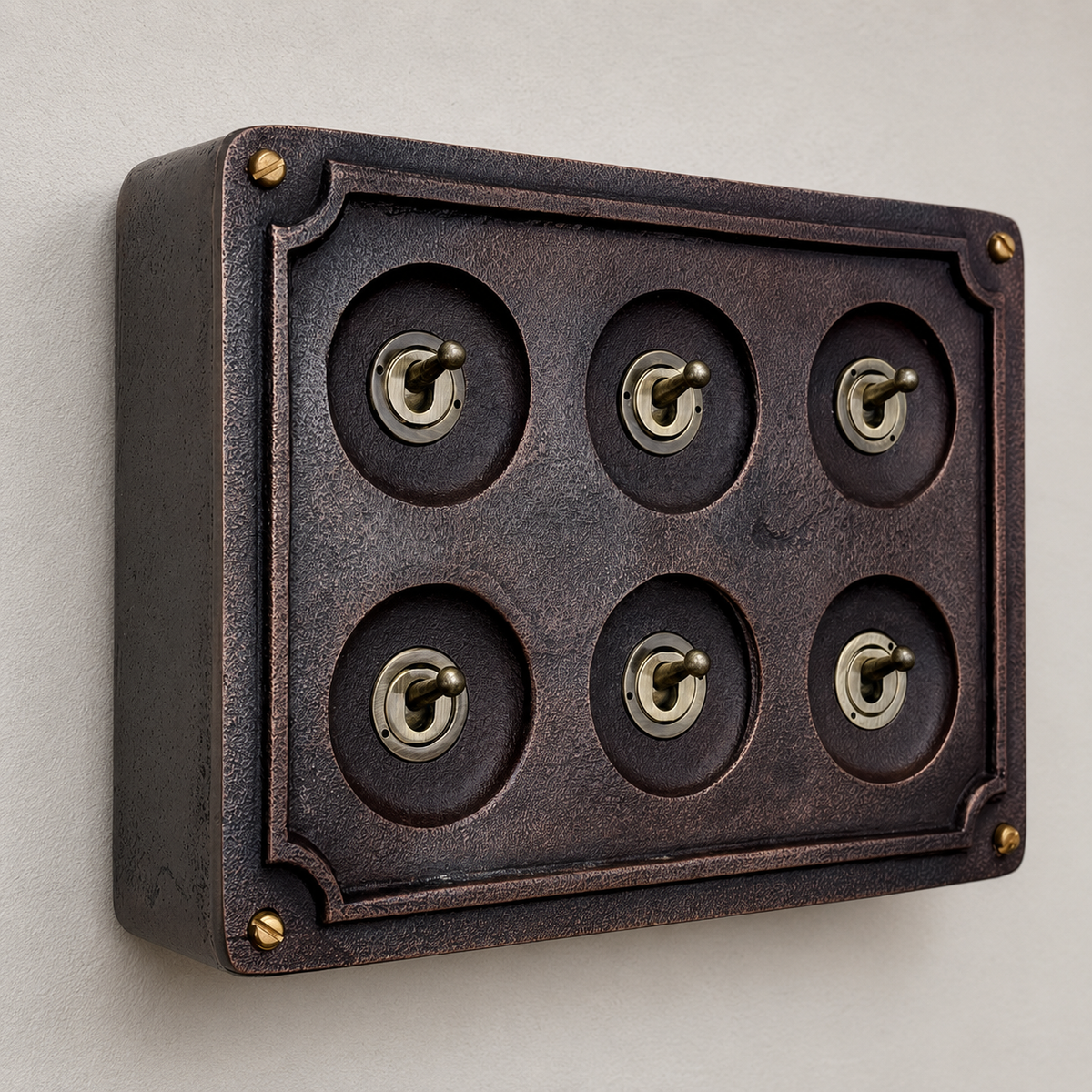 Brassvane 6 gang toggle light switch overall view