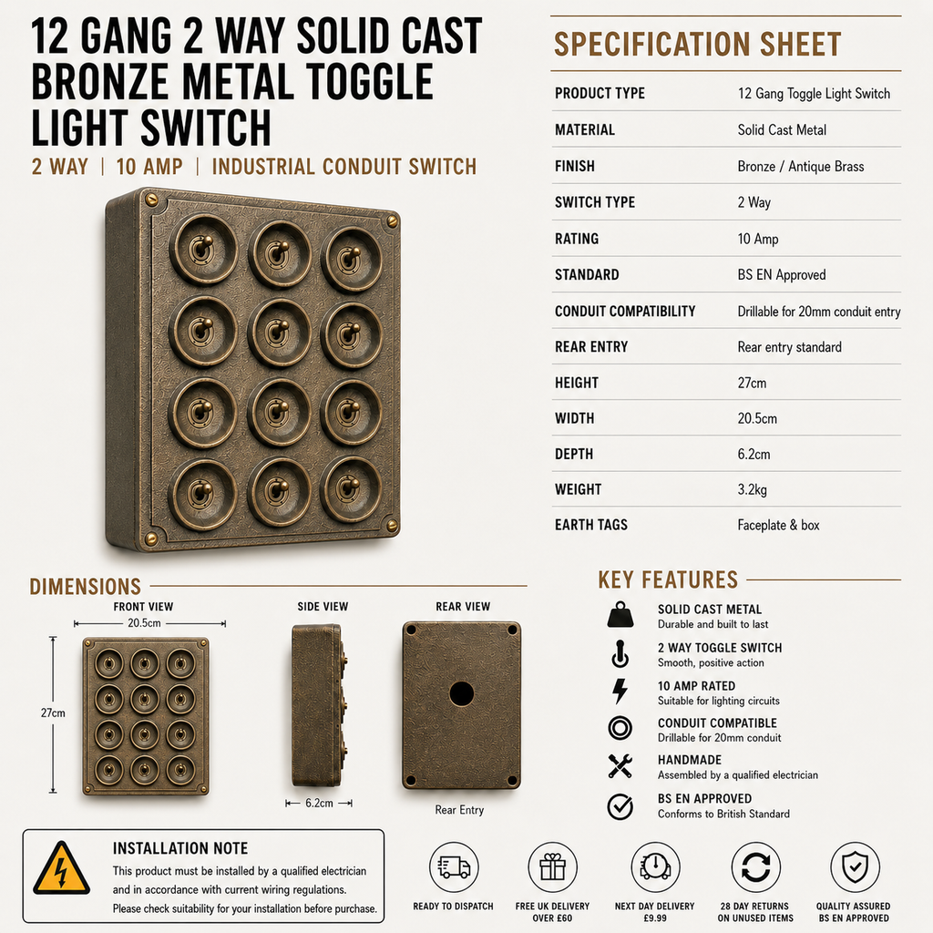 Brassvane 12 gang toggle light switch additional view 5
