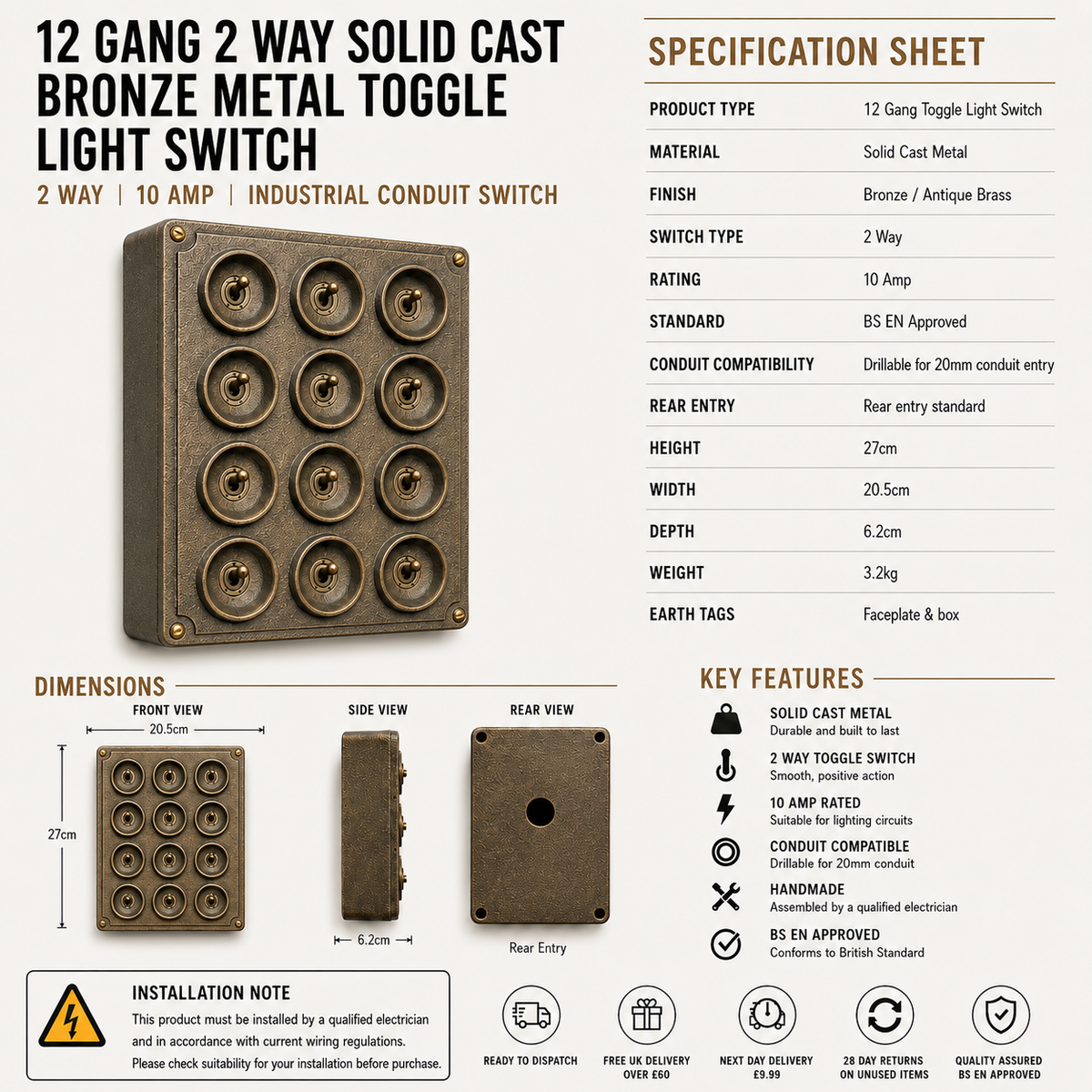 Brassvane 12 gang toggle light switch additional view 5
