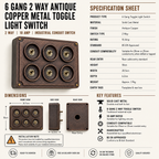 Brassvane 6 gang toggle light switch additional view 8