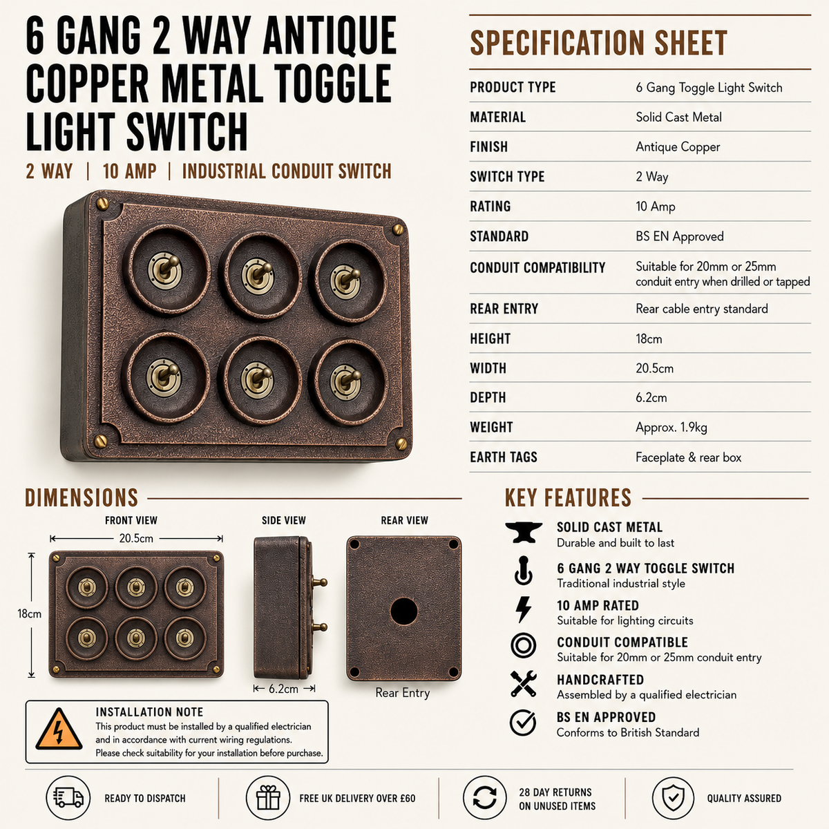 Brassvane 6 gang toggle light switch additional view 8