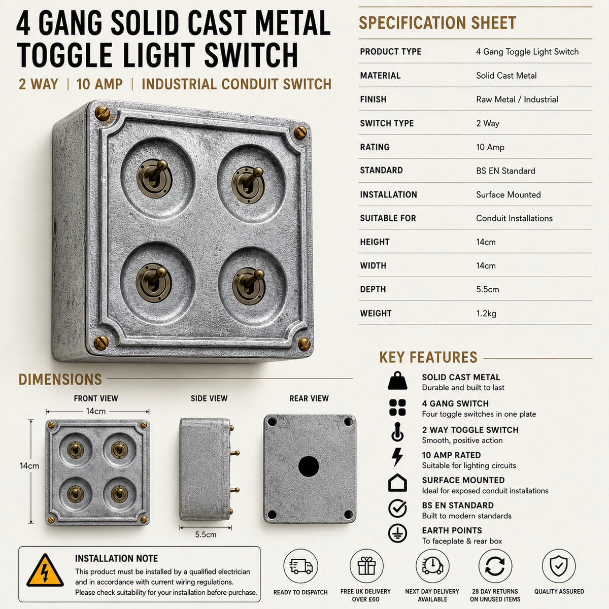 Brassvane 4 gang conduit toggle switch additional view 9