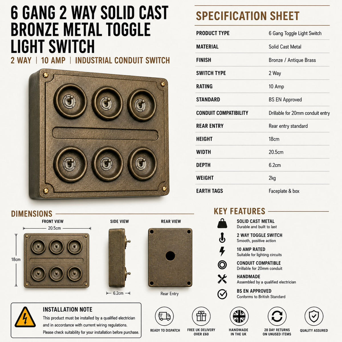 Brassvane 6 gang toggle light switch additional view 8