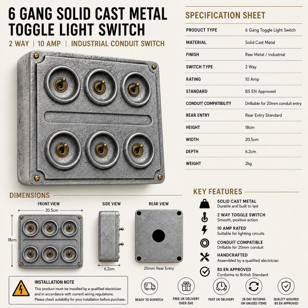 Brassvane 6 gang conduit light switch additional view 9