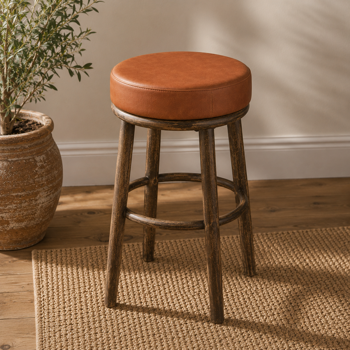 Brassvane tan leather stool seat additional view 2