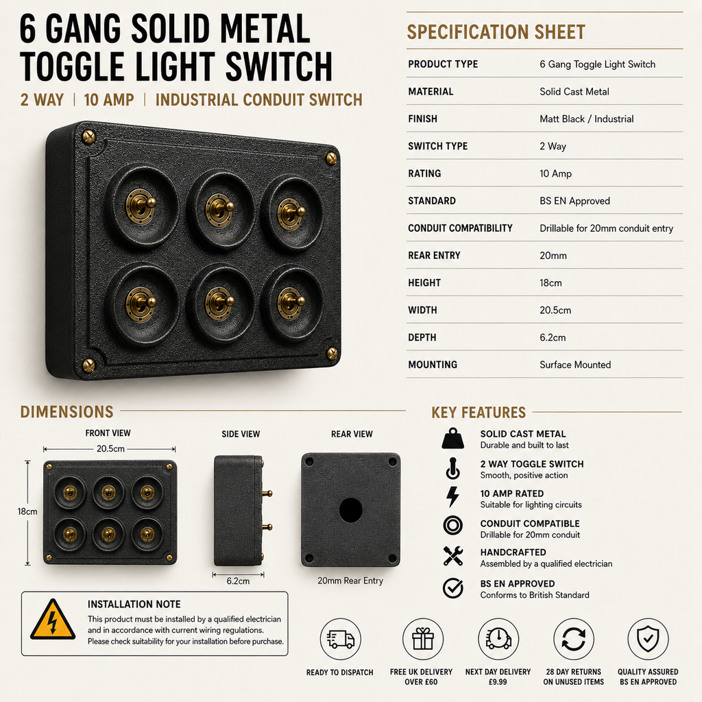 Brassvane 6 gang toggle light switch additional view 4