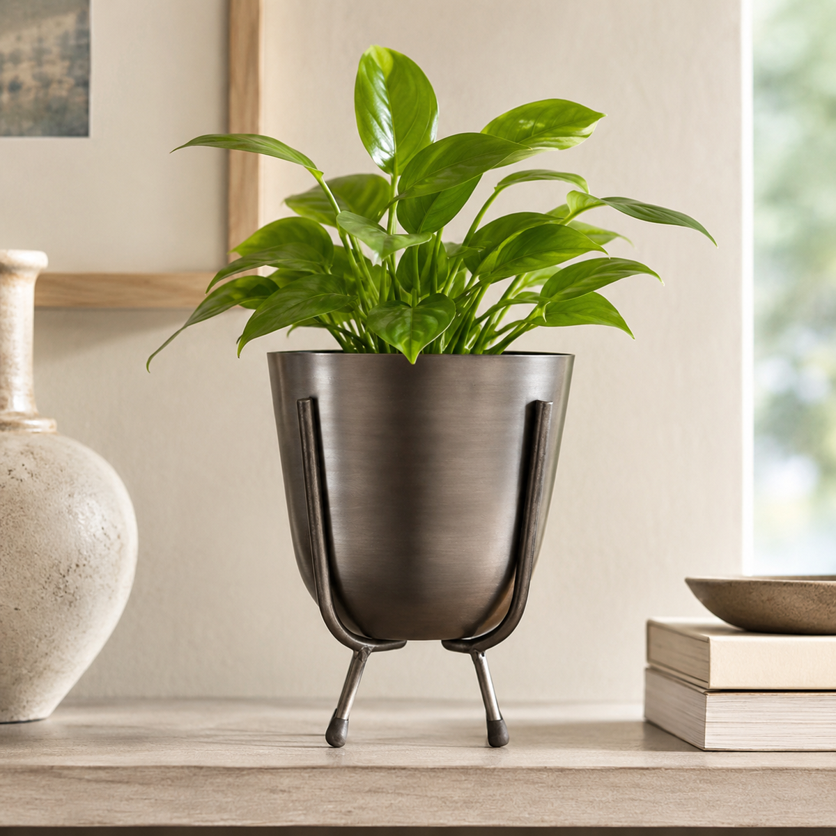 Brassvane pewter gray plant pot with stand additional view 2