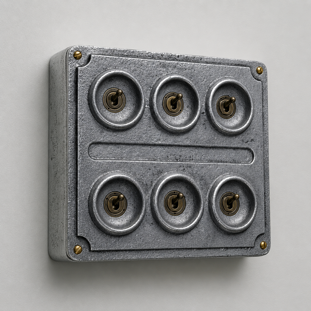 Brassvane 6 gang conduit light switch overall view