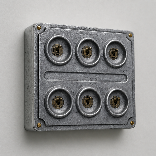 Brassvane 6 gang conduit light switch overall view