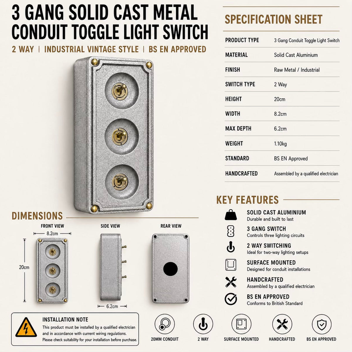 Brassvane 3 gang conduit toggle switch additional view 8