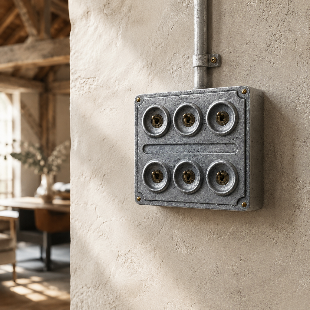 Brassvane 6 gang conduit light switch additional view 2