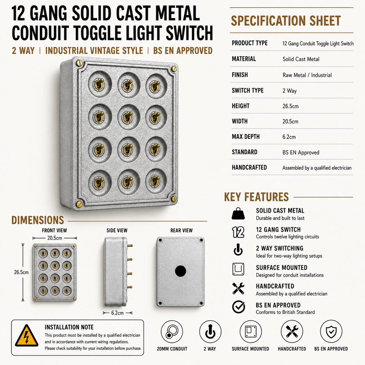 Brassvane 12 gang toggle light switch additional view 5