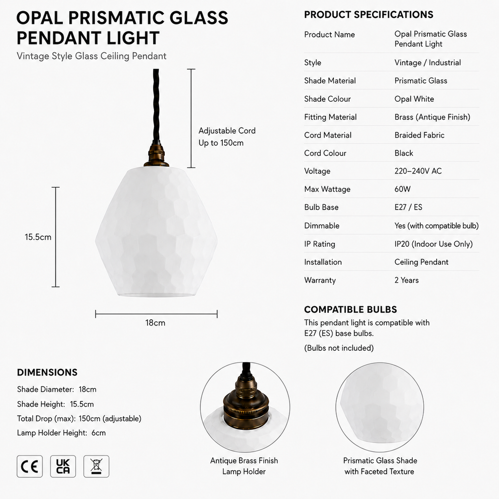 Brassvane opal prismatic glass pendant light additional view 11