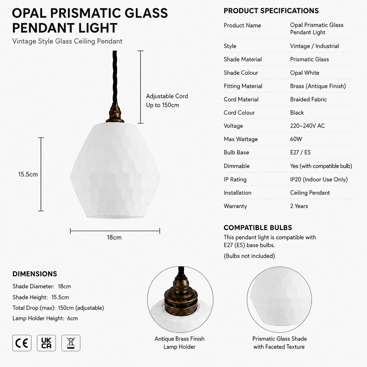 Brassvane opal prismatic glass pendant light additional view 11
