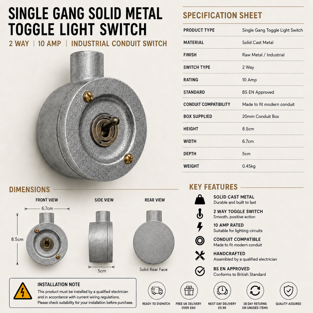Brassvane metal conduit light switch additional view 8