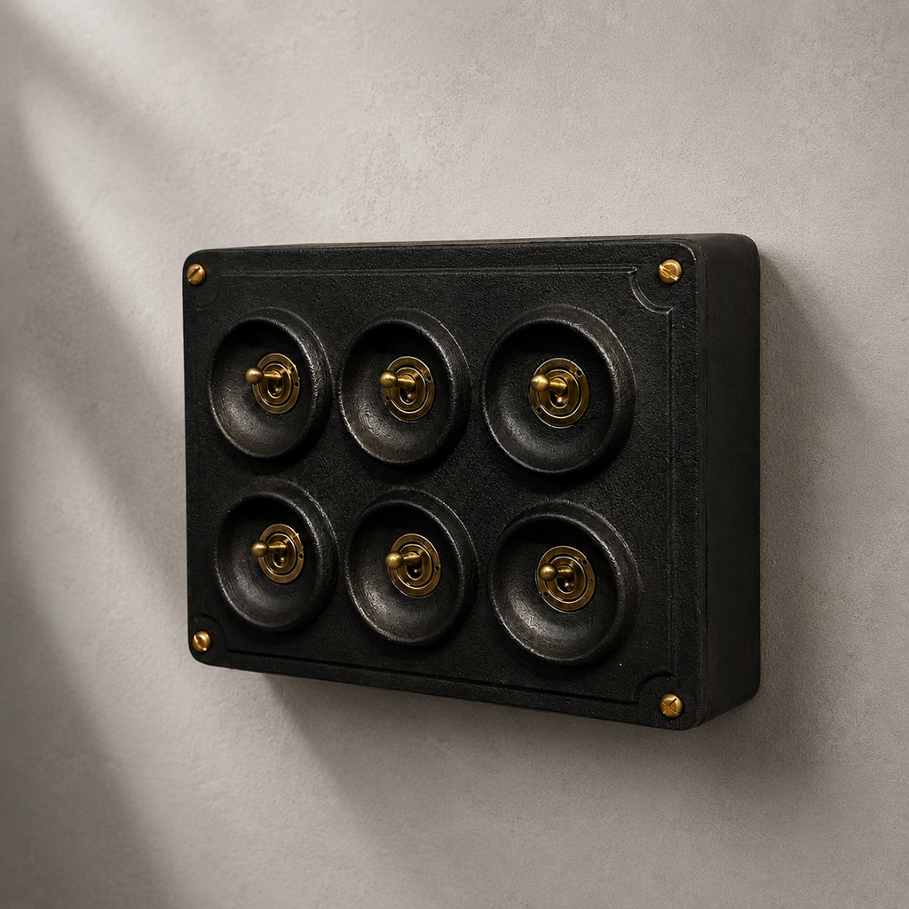 Brassvane 6 gang toggle light switch overall view