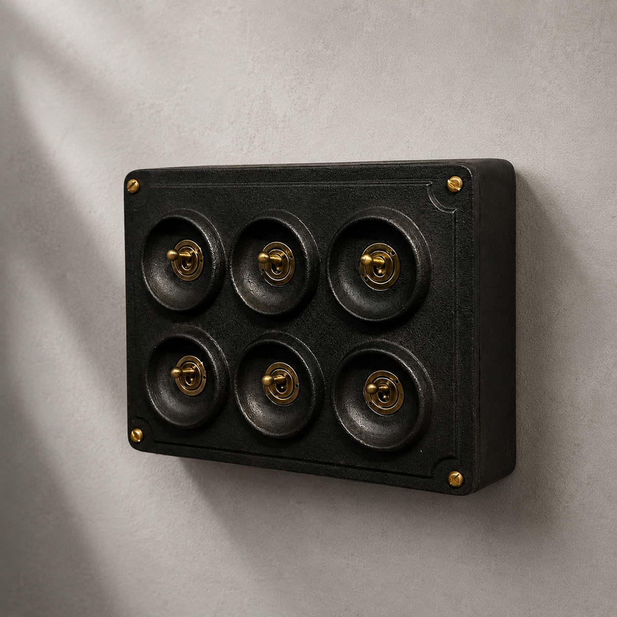 Brassvane 6 gang toggle light switch overall view
