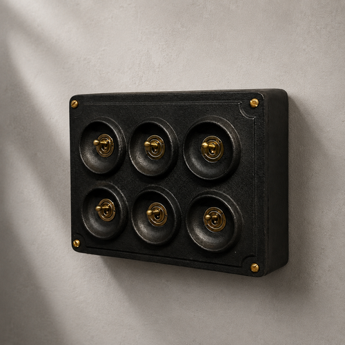 Brassvane 6 gang toggle light switch overall view