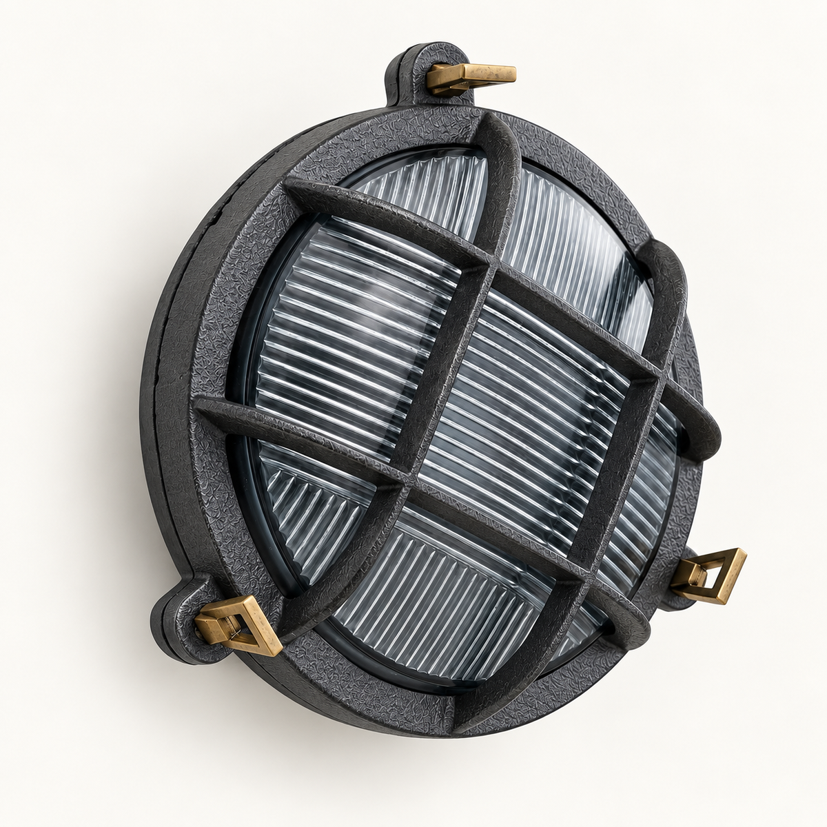 Brassvane caged pewter bulkhead light overall view