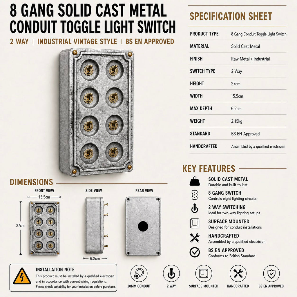 Brassvane 8 gang conduit light switch additional view 10