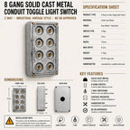 Brassvane 8 gang conduit light switch additional view 10
