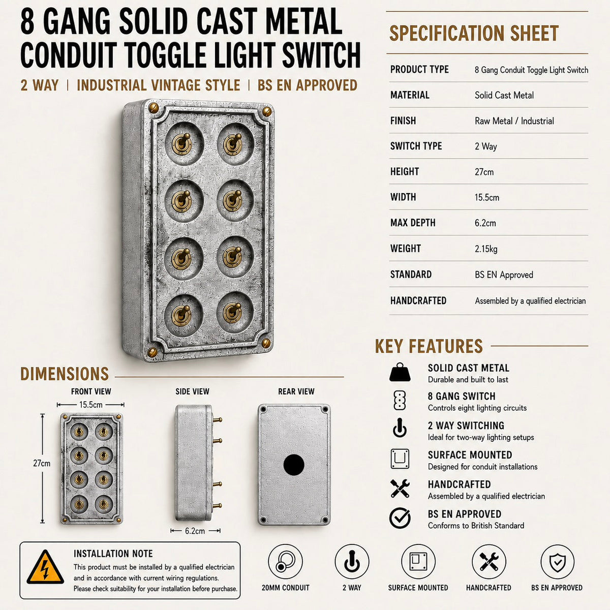 Brassvane 8 gang conduit light switch additional view 10