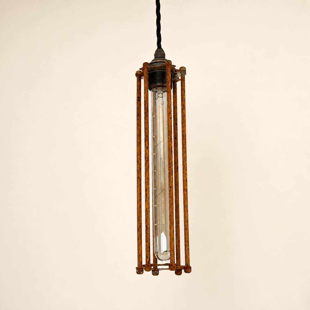 Brassvane rusted steel cage pendant light overall view