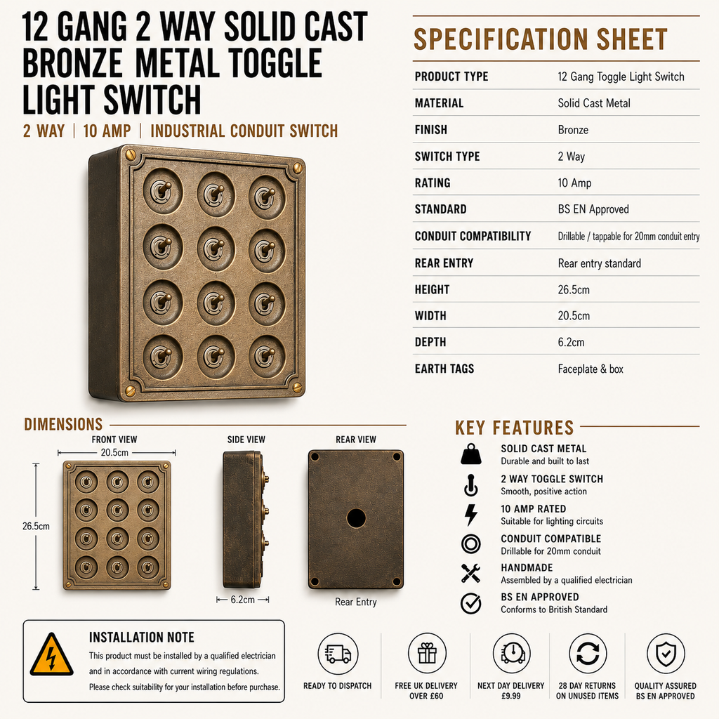 Brassvane 12 gang light switch additional view 8