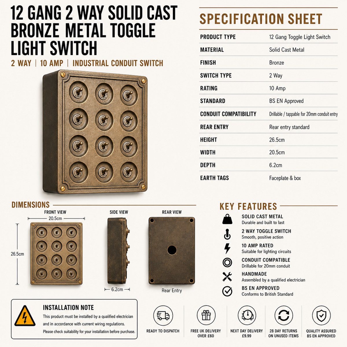 Brassvane 12 gang light switch additional view 8