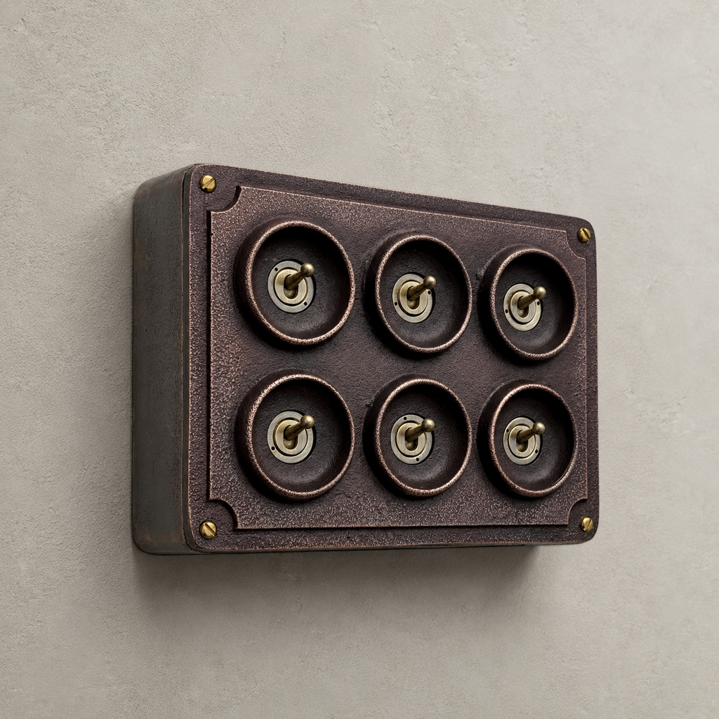 Brassvane 6 gang toggle light switch overall view