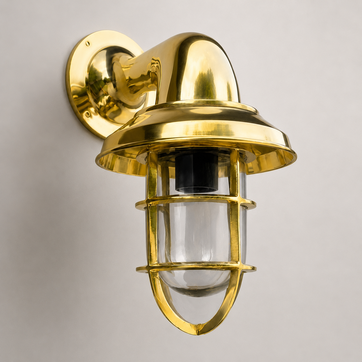 Brassvane caged brass swan neck wall light overall view