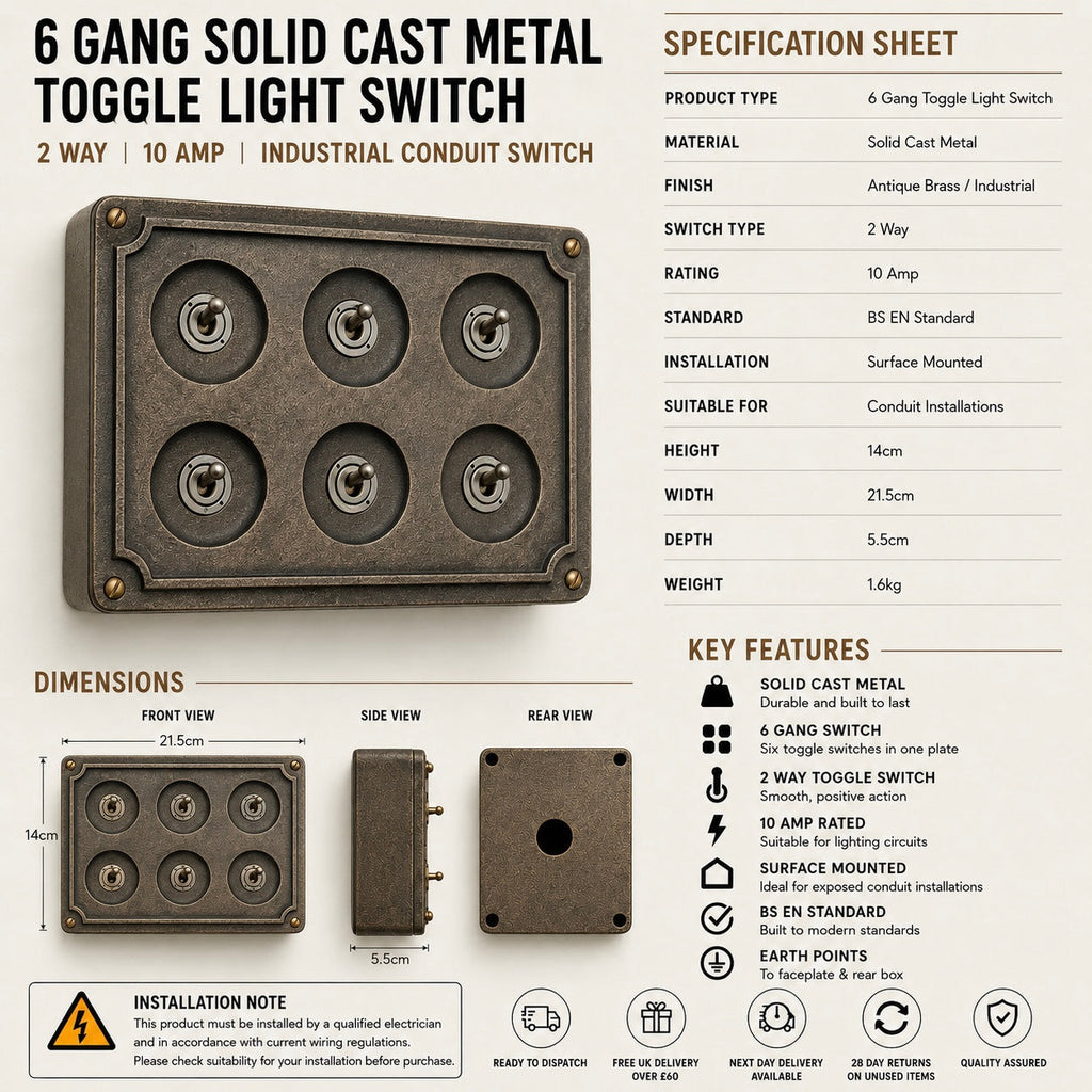 Brassvane 6 gang conduit light switch additional view 7