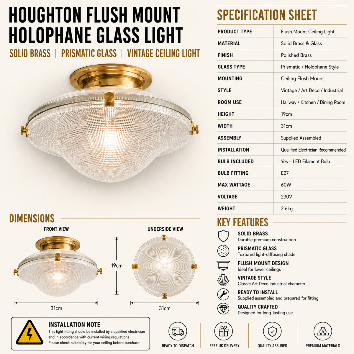 Brassvane prismatic glass flush ceiling light additional view 6