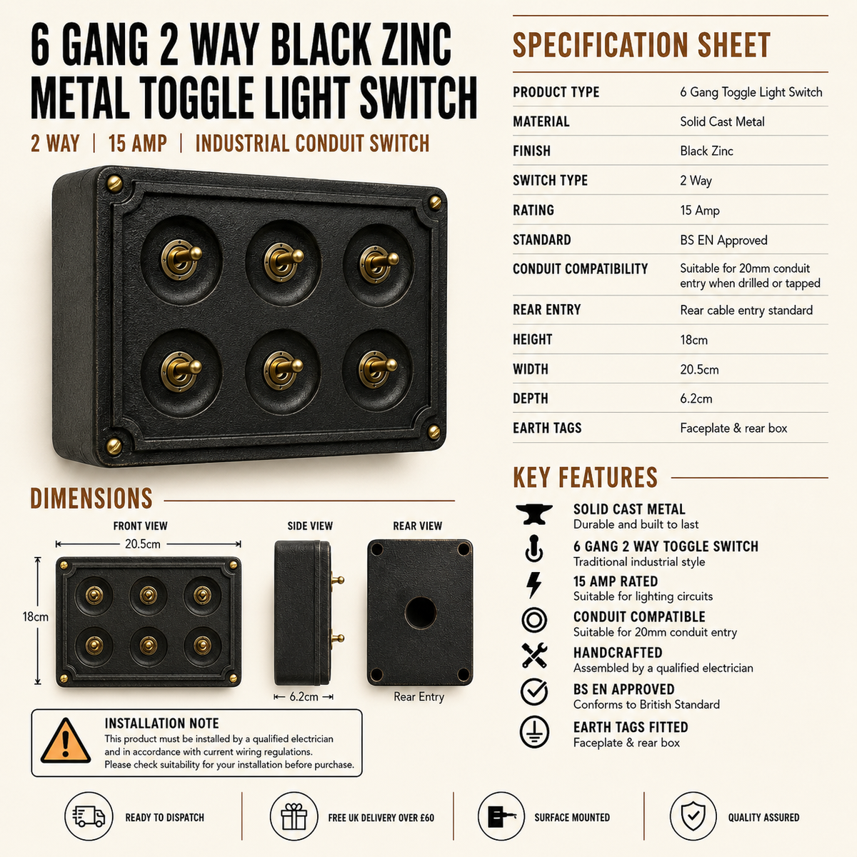 Brassvane 6 gang conduit light switch additional view 5