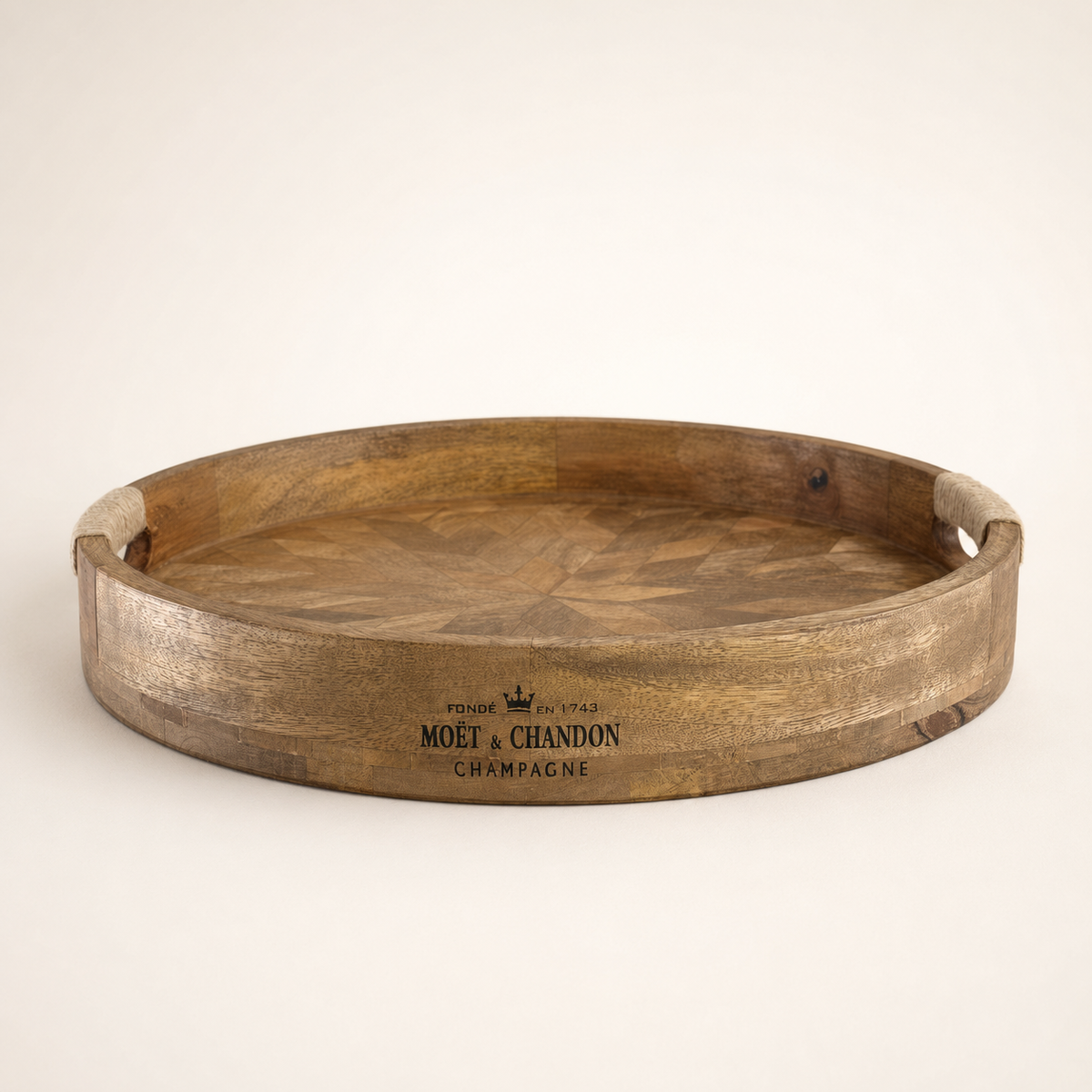 Brassvane round wooden serving tray overall view