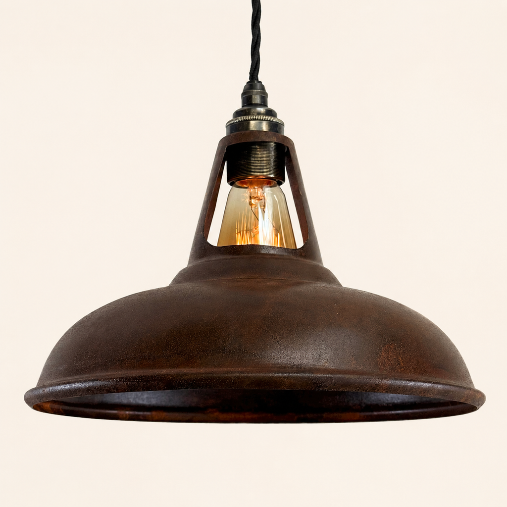 Brassvane rusted steel pendant light overall view