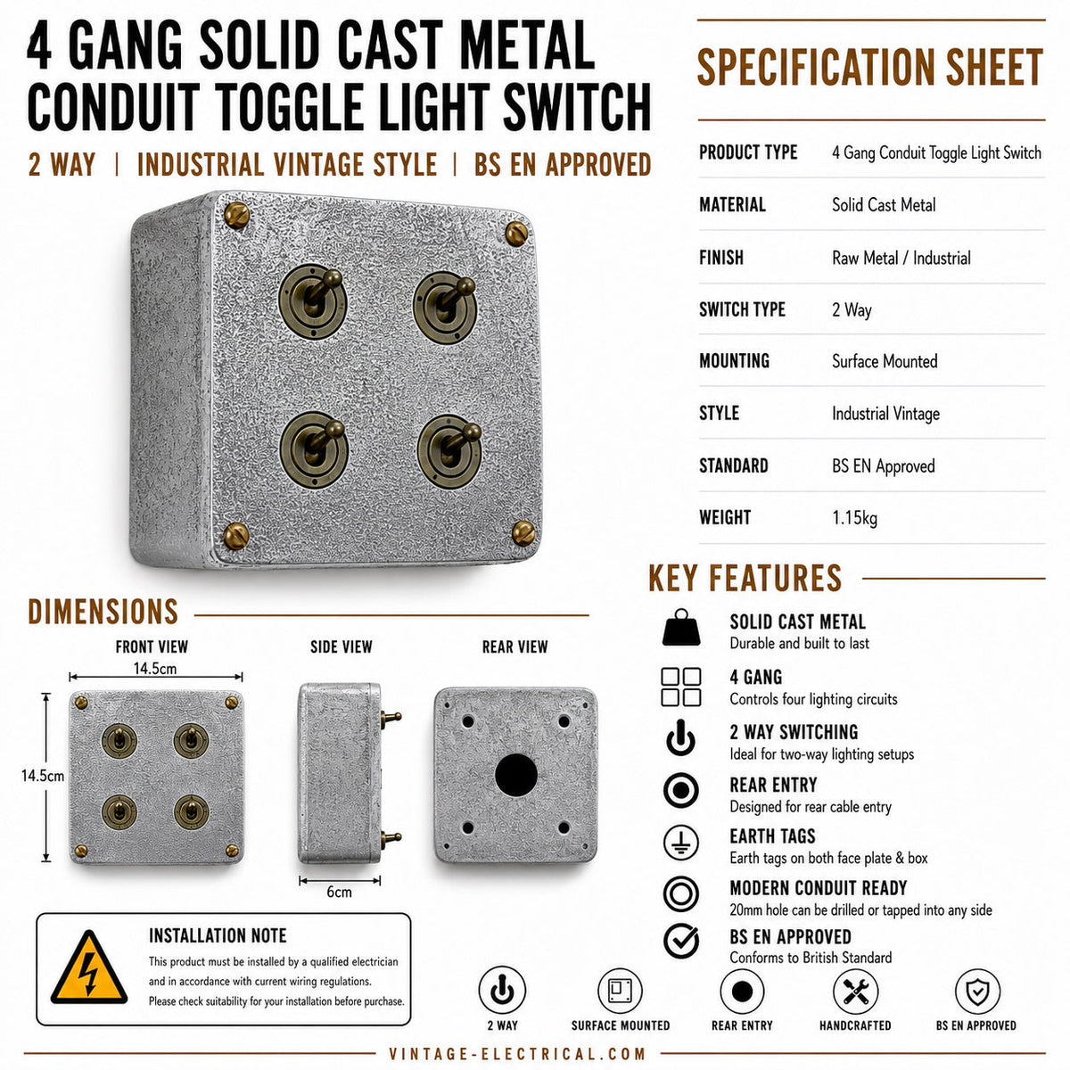 Brassvane 4 gang conduit light switch additional view 8