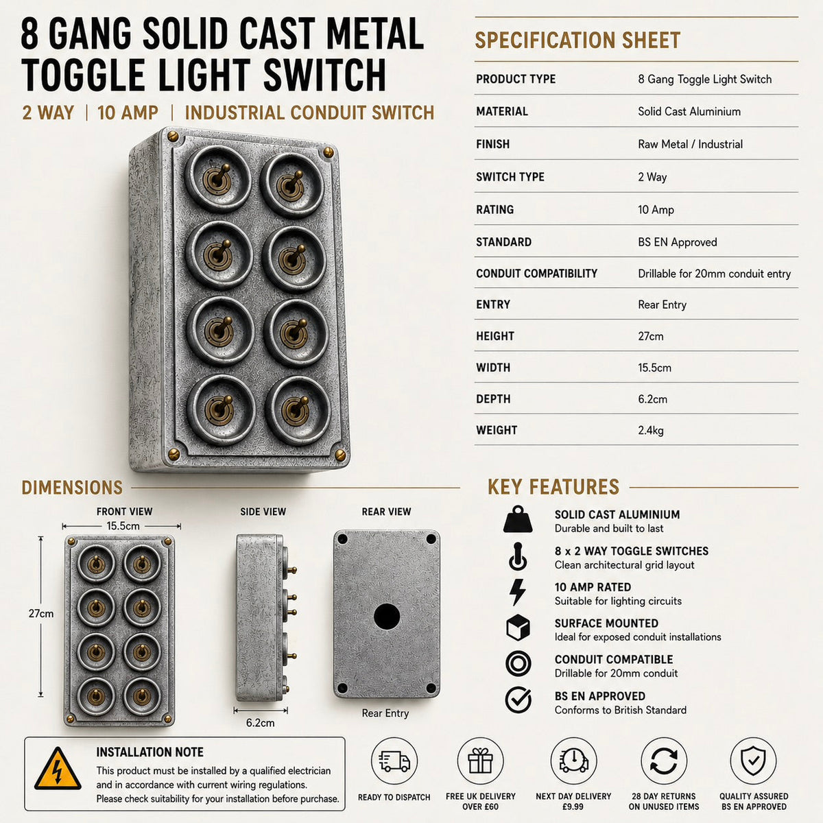Brassvane 8 gang toggle light switch additional view 8