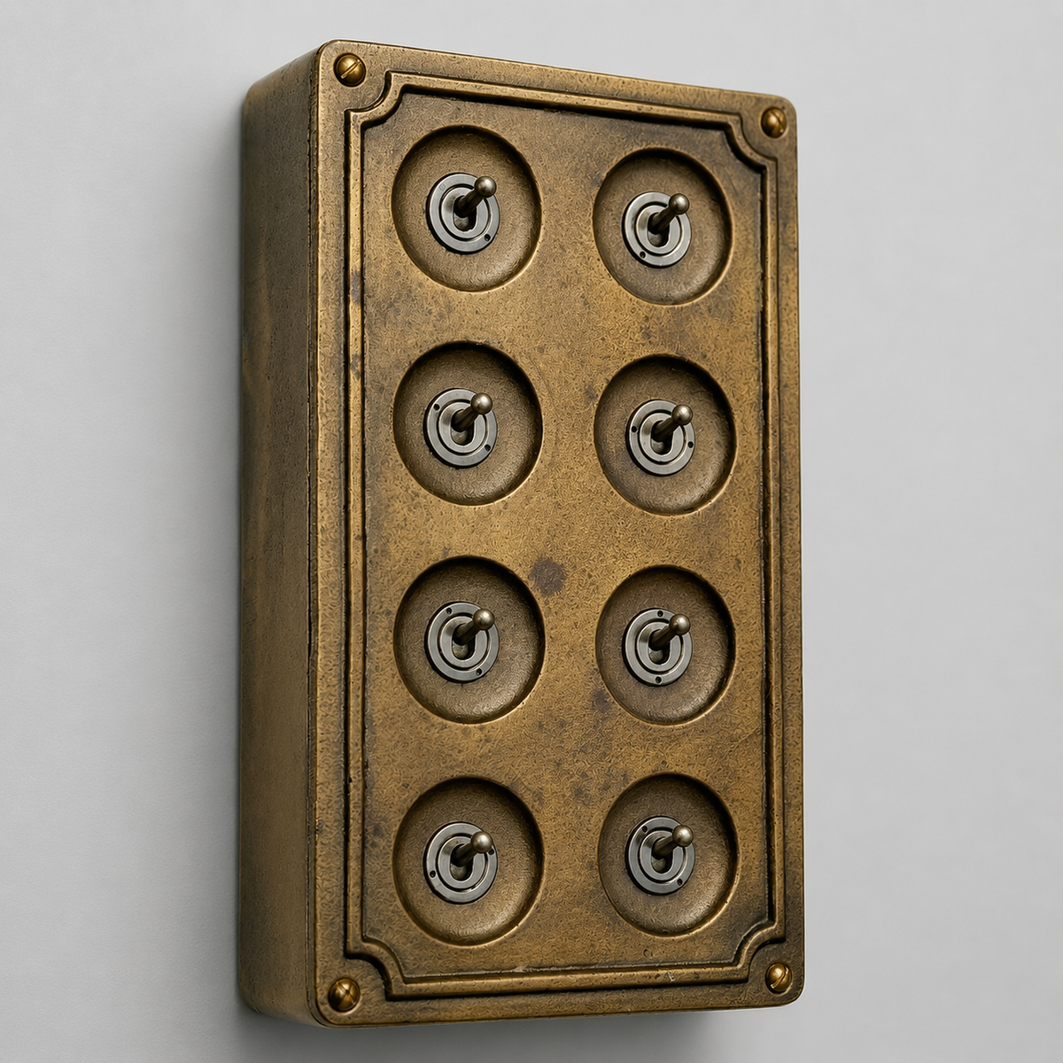Brassvane 8 gang conduit light switch overall view
