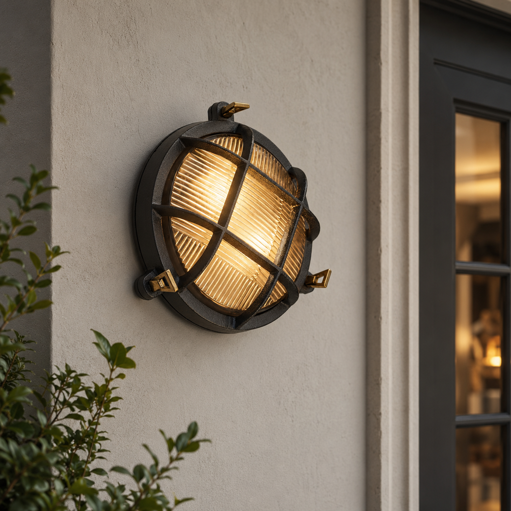 Brassvane caged pewter bulkhead light additional view 2