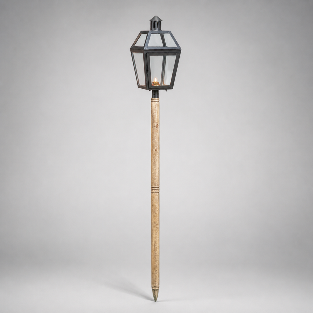Brassvane wooden spike candle lantern overall view