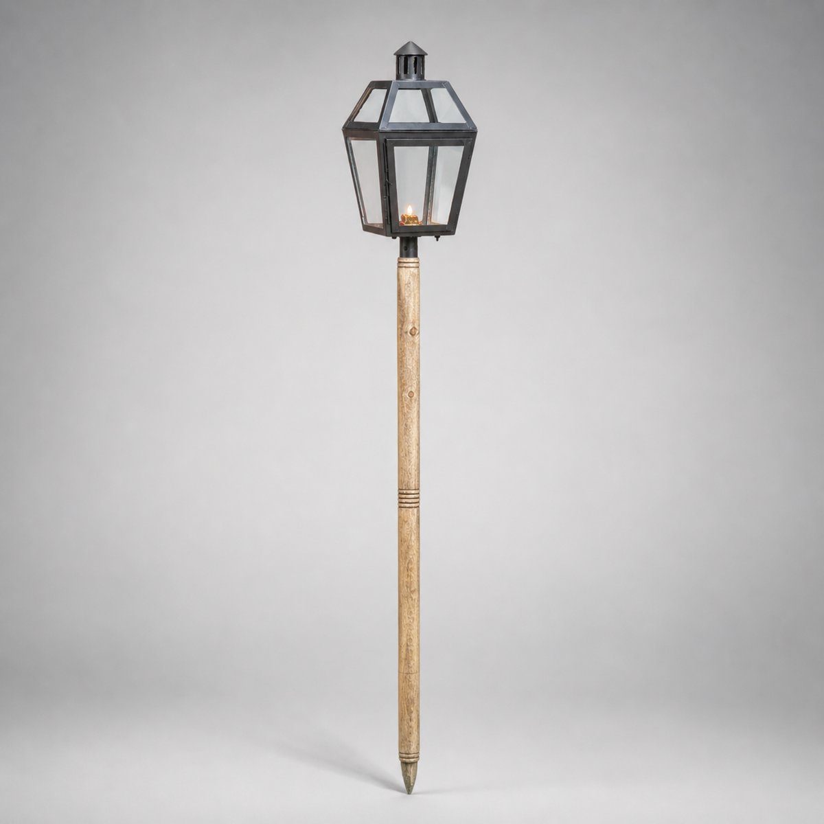 Brassvane wooden spike candle lantern overall view