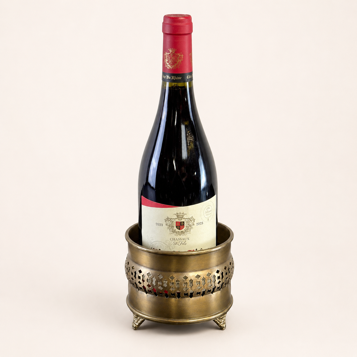 Brassvane antique brass wine bottle holder overall view