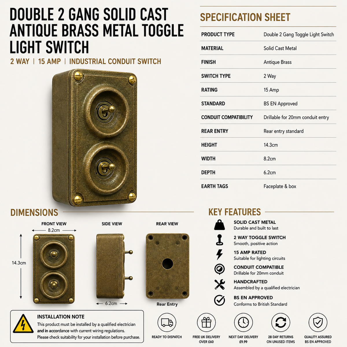 Brassvane antique brass conduit light switch additional view 3