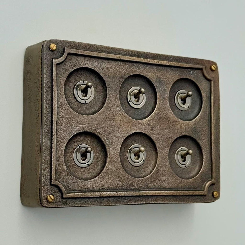 Brassvane 6 gang conduit light switch overall view